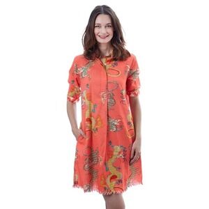 🐉 Dizzy Lizzie Chatham Dragon Print Shirt Dress XL | Orange Cotton Linen Blend